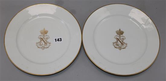 A pair of Sevres Napoleon III crested plates, possibly made for Empress Eugenie